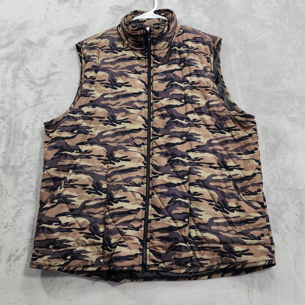 Michelle Mae Vest Womens 2XL Brown Camo Quilted Puffer Full Zip Collared Army